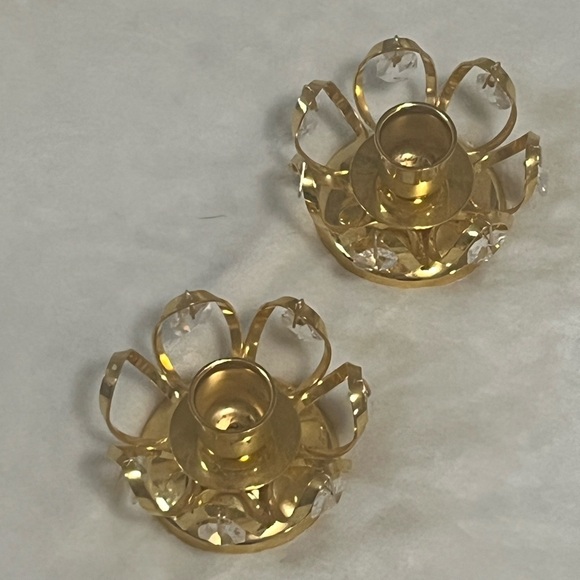 Vintage Gold Candle Votives Flower Shaped with dangling crystals, in good shape - Picture 3 of 6